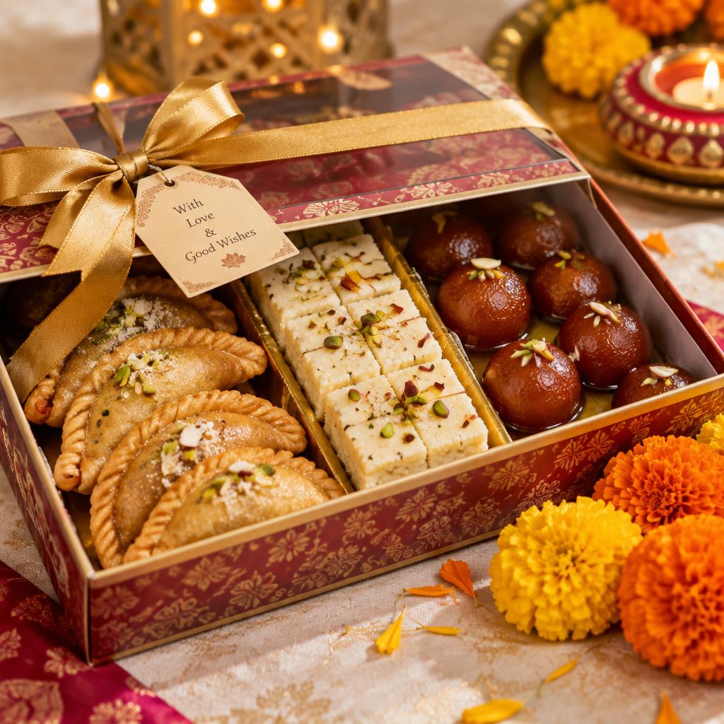 Custom gift box of assorted Indian home-made sweets