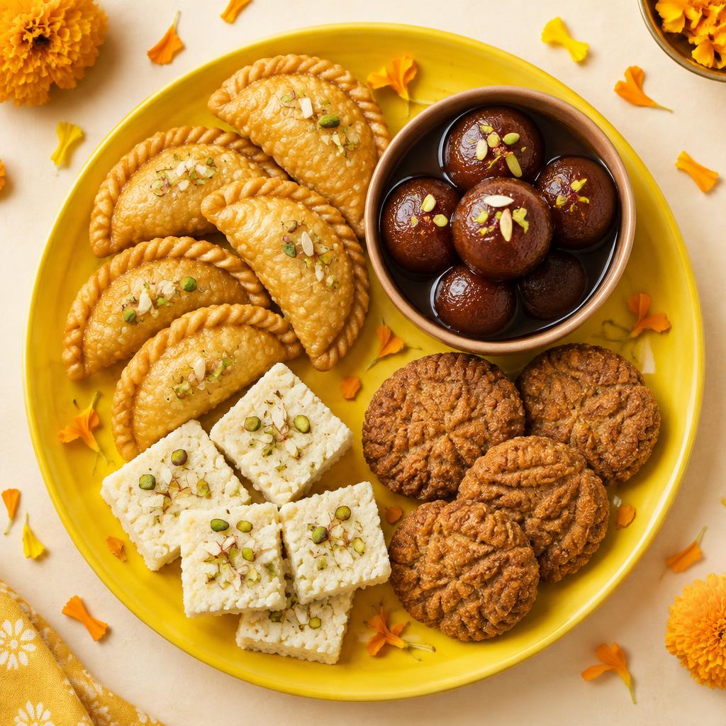 A platter of assorted home-made Indian sweets — gujiya, gulab jamun, kalakand and thekuwa
